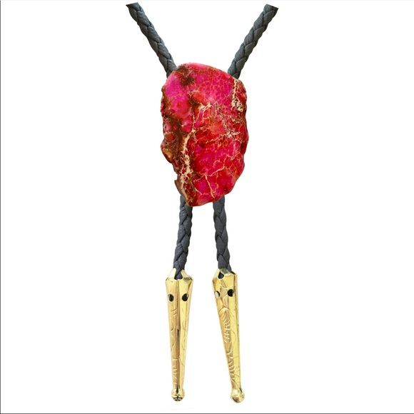 Pink Jasper Bolo Tie with Grey Braided Vegan Leather Cord - Picture 2 of 4